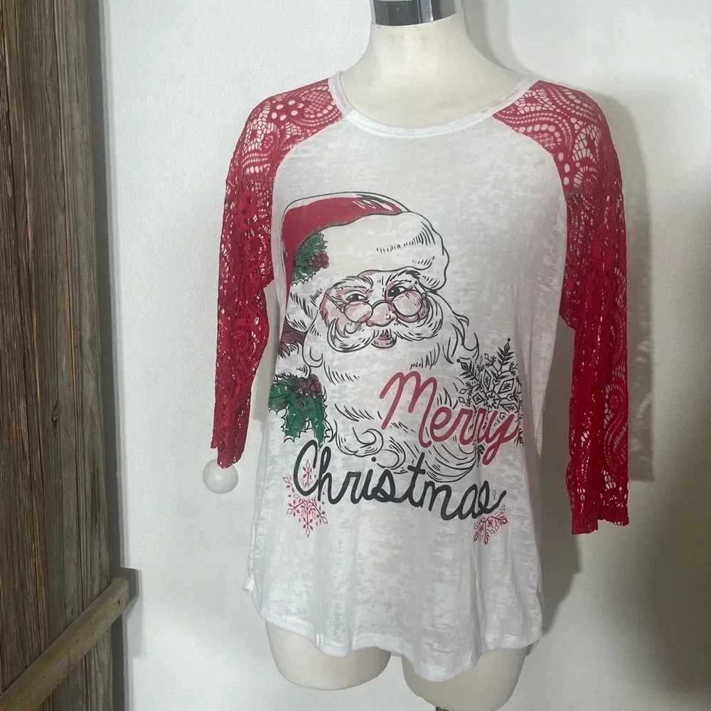 Now N Forever boutique Christmas Santa top size medium lace crochet sleeves red
